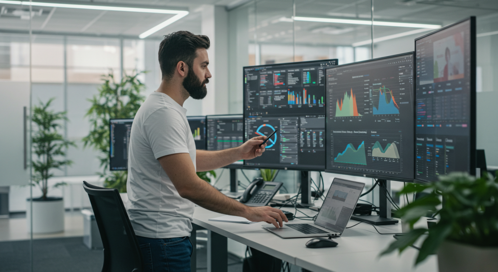 Australian University IT admin analysing student performance data and predictive alerts on a dashboard.