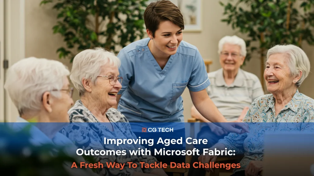 A smiling nurse talking with elderly residents in an aged care facility, representing improved outcomes through Microsoft Fabric.