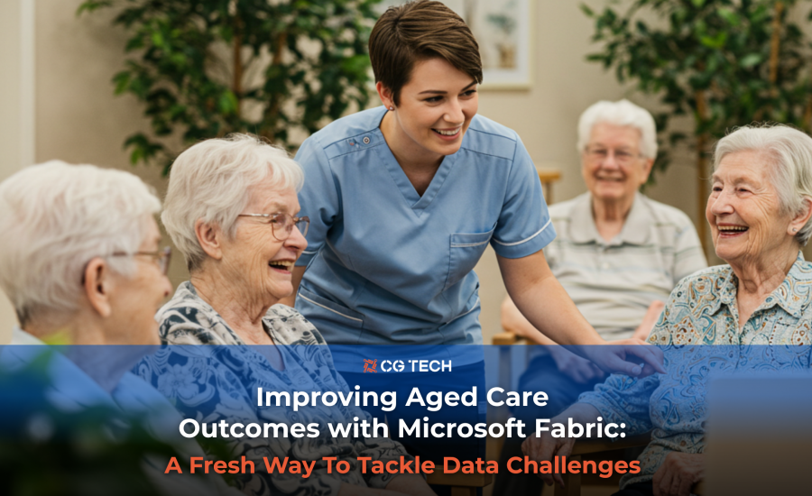 A smiling nurse talking with elderly residents in an aged care facility, representing improved outcomes through Microsoft Fabric.