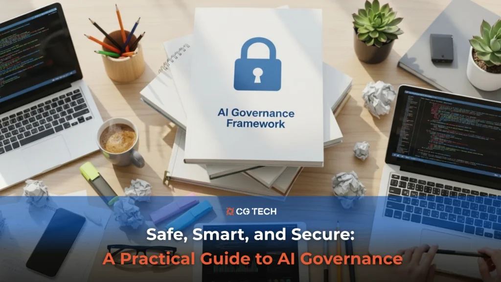 A desk with laptops showing code, notebooks labelled AI Governance Framework, stationery, and coffee, representing workplace planning and secure AI governance in an Australian business setting.