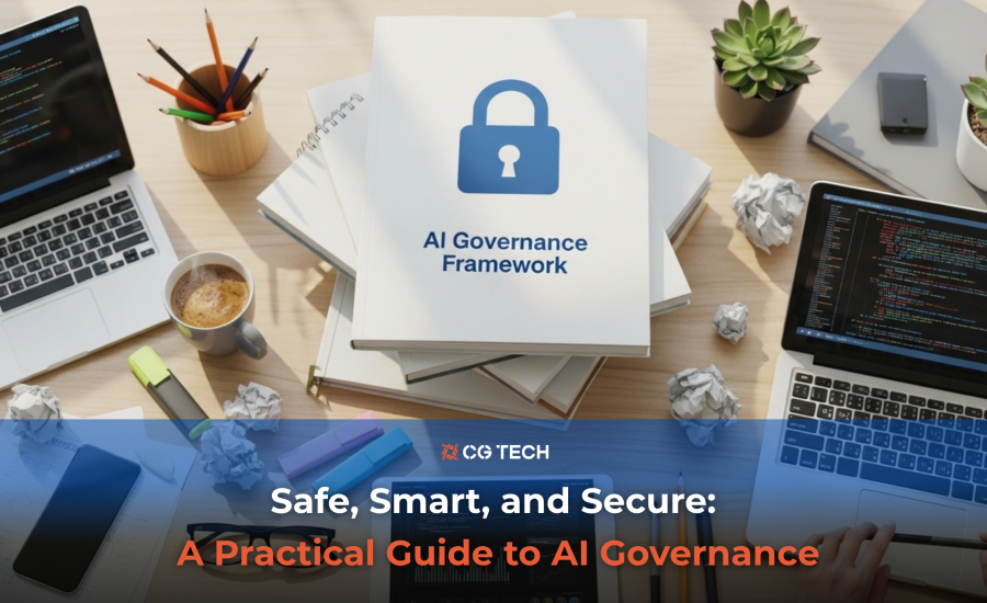A desk with laptops showing code, notebooks labelled AI Governance Framework, stationery, and coffee, representing workplace planning and secure AI governance in an Australian business setting.
