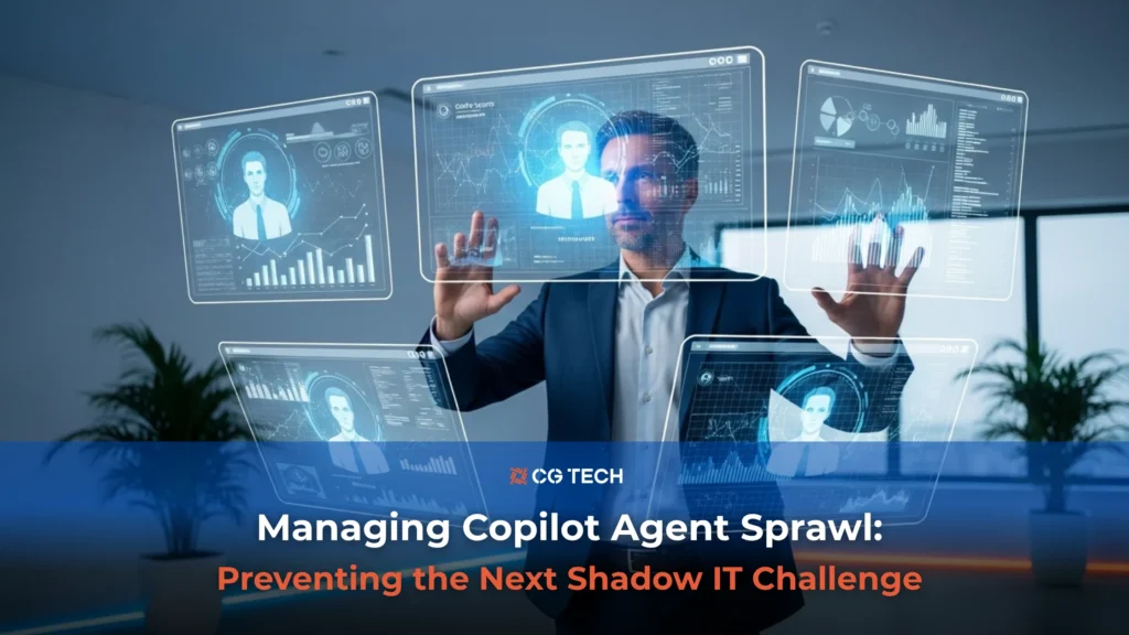 Business professional using transparent digital screens with AI dashboards, representing Microsoft 365 Copilot agent governance and prevention of shadow IT challenges.