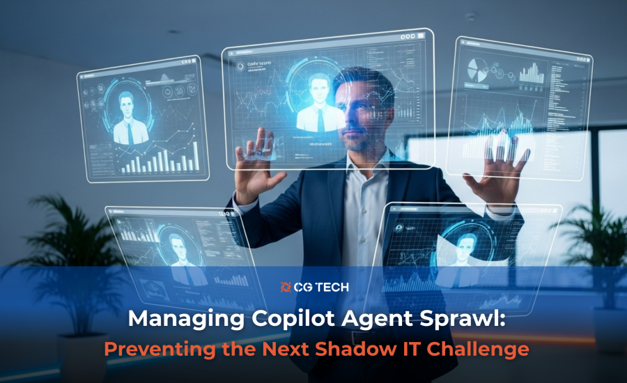Business professional using transparent digital screens with AI dashboards, representing Microsoft 365 Copilot agent governance and prevention of shadow IT challenges.