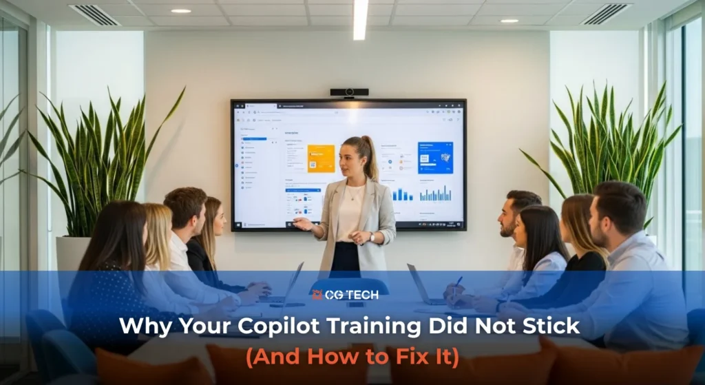 A trainer stands at the front of a modern meeting room presenting Microsoft 365 Copilot features on a large screen while a team of employees sits around the table learning how to use the tool during a workplace training session.