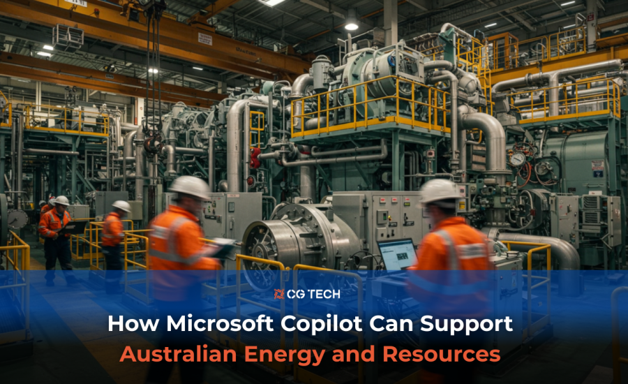 Australian power plant interior with engineers using digital tools on the operations floor, illustrating how Microsoft Copilot is supporting the energy and resources sector through smarter maintenance, safety, and operational insights.