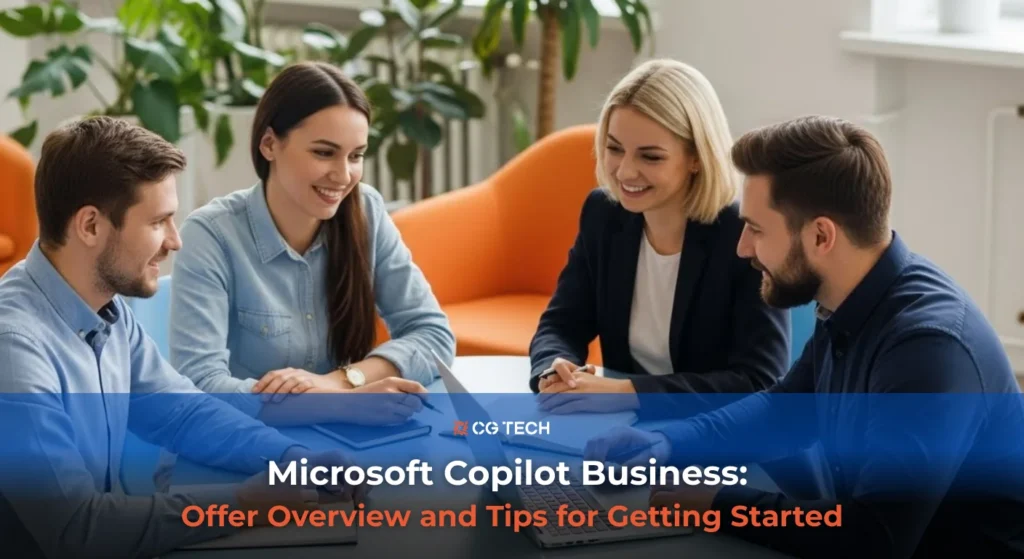 Business team meeting in a modern office discussing Microsoft Copilot Business implementation, used as a banner image for an article on Copilot offers and rollout tips.