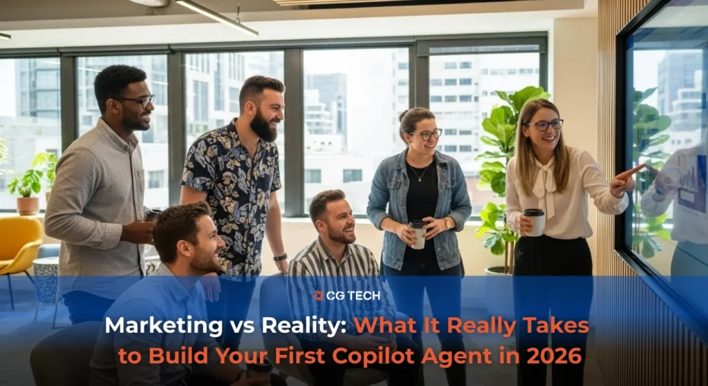 Business team collaborating in a modern office, reviewing a Microsoft Copilot agent workflow on a digital board, showing how Copilot agents are planned, designed, and used in real business environments.