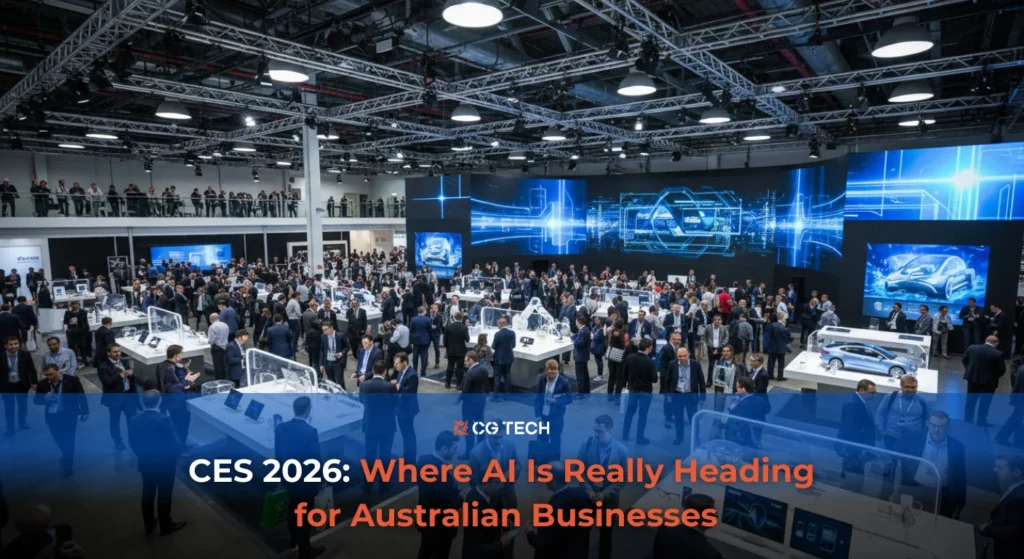 Crowded CES 2026 exhibition hall showcasing large-scale AI and technology displays, with business leaders networking around digital twin, autonomous vehicle, and smart manufacturing demonstrations.
