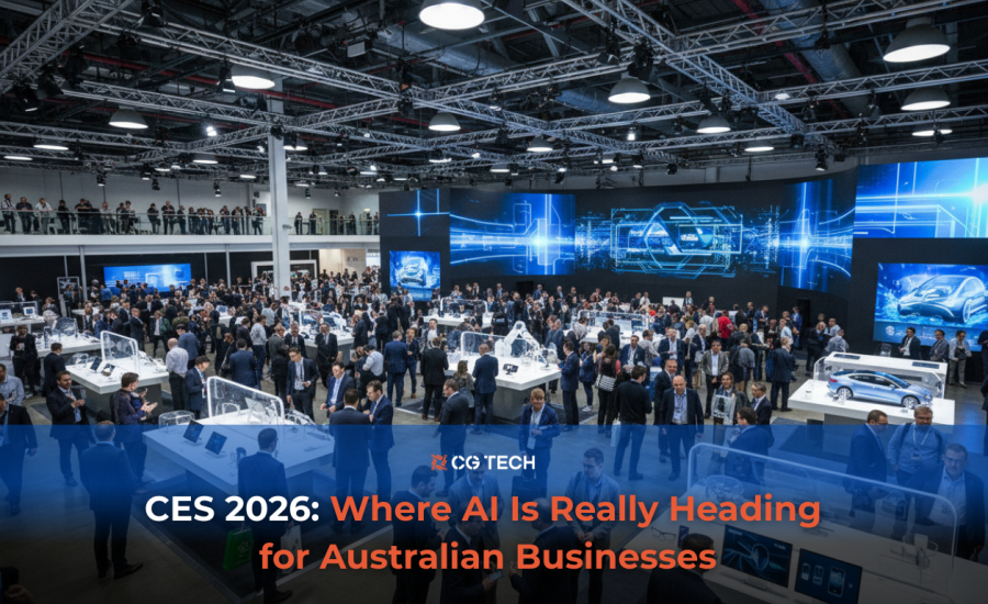 Crowded CES 2026 exhibition hall showcasing large-scale AI and technology displays, with business leaders networking around digital twin, autonomous vehicle, and smart manufacturing demonstrations.