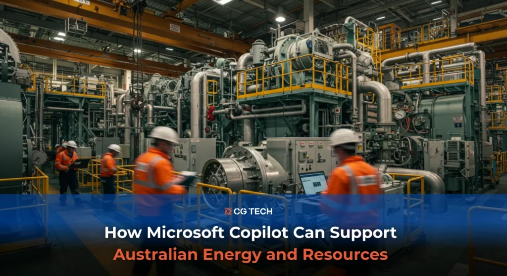 Australian power plant interior with engineers using digital tools on the operations floor, illustrating how Microsoft Copilot is supporting the energy and resources sector through smarter maintenance, safety, and operational insights.