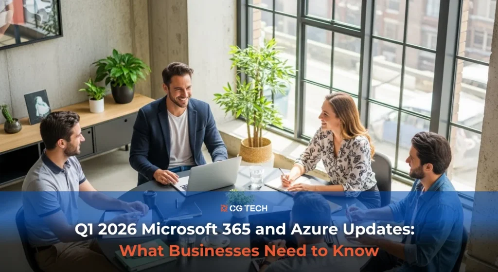 Business team meeting around a table using laptops, representing Q1 2026 Microsoft 365 and Azure updates, Copilot adoption, and modern workplace collaboration.