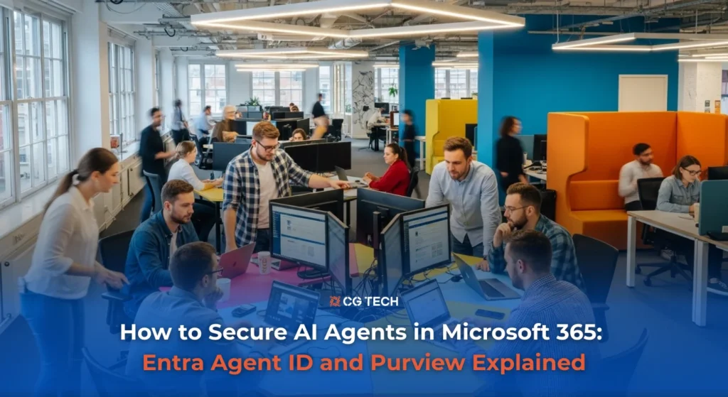 Business team working at computers in a modern office, CG TECH blog on securing AI agents in Microsoft 365.