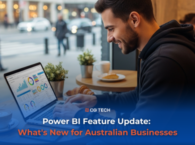 Person reviewing a Power BI dashboard on a laptop at an outdoor cafe, with a CG TECH Power BI feature update banner overlay.