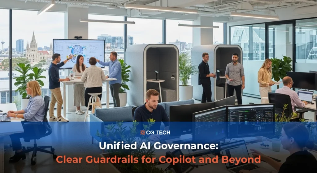 CG TECH blog banner showing a modern open-plan office with teams collaborating near a large screen, with the overlaid headline “Unified AI Governance: Clear Guardrails for Copilot and Beyond”.