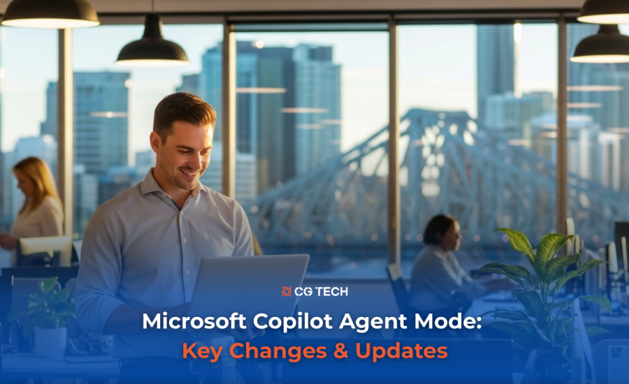 Business professional working on a laptop in a modern Brisbane office with a city skyline in the background.