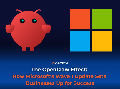 Illustration of red OpenClaw style character beside Microsoft logo with CG TECH branding and blog title about how Microsoft’s Wave 1 update sets businesses up for success.