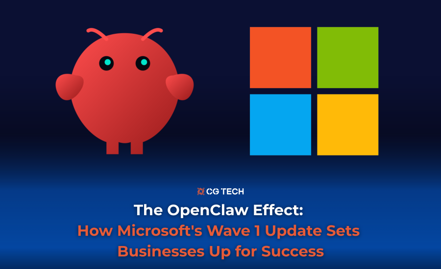 Illustration of red OpenClaw style character beside Microsoft logo with CG TECH branding and blog title about how Microsoft’s Wave 1 update sets businesses up for success.