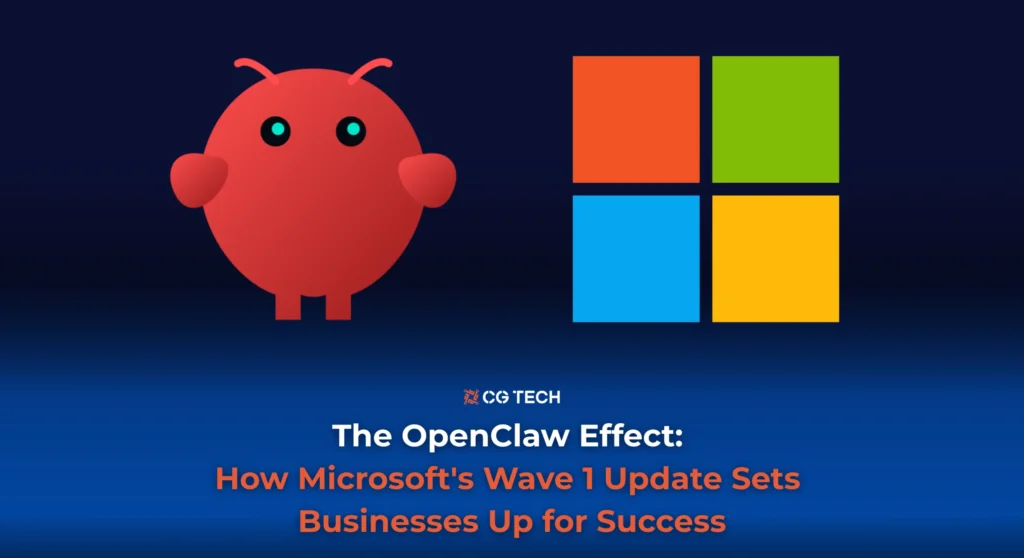 Illustration of red OpenClaw style character beside Microsoft logo with CG TECH branding and blog title about how Microsoft’s Wave 1 update sets businesses up for success.