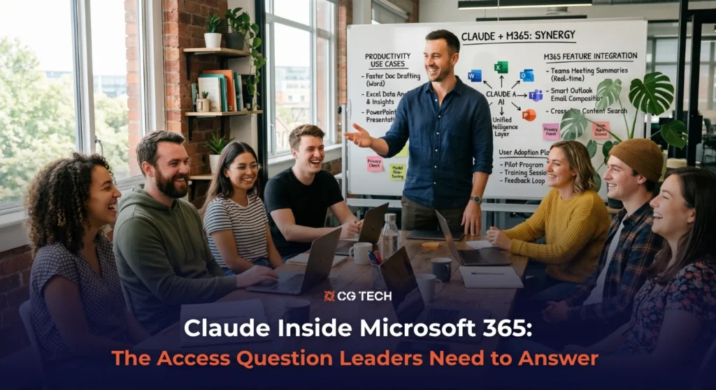 Business team in a modern office reviewing a Claude and Microsoft 365 integration plan on a whiteboard, with Microsoft app icons and use cases visible.