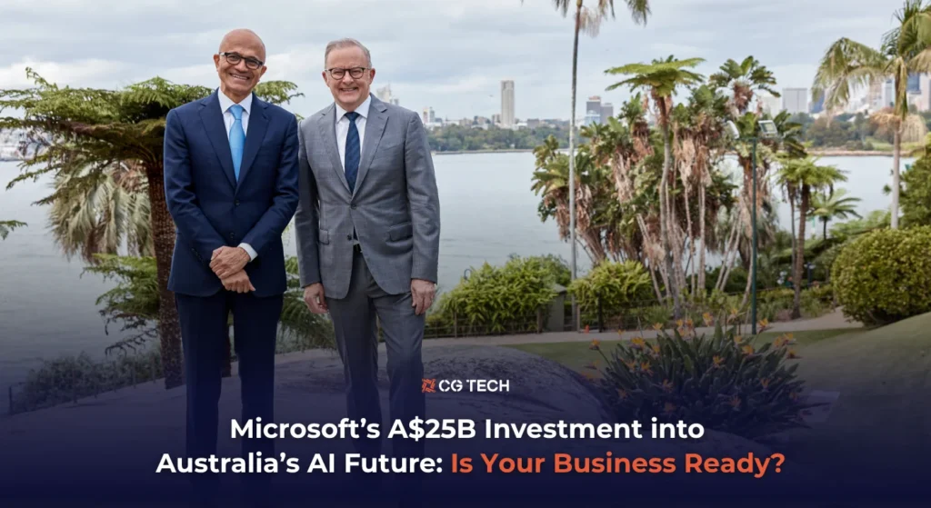 Microsoft CEO Satya Nadella and Australian Prime Minister Anthony Albanese at the Microsoft AI Tour in Sydney, where Microsoft announced a A$25 billion investment in Australia's AI and cloud infrastructure.