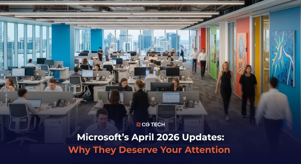 Open-plan office with employees working at desks, representing Microsoft April 2026 updates for business leaders.