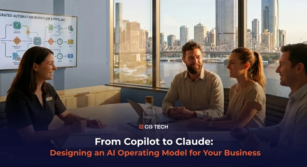 Business leaders in a Brisbane boardroom discussing an AI operating model, with an automation workflow diagram on the wall.