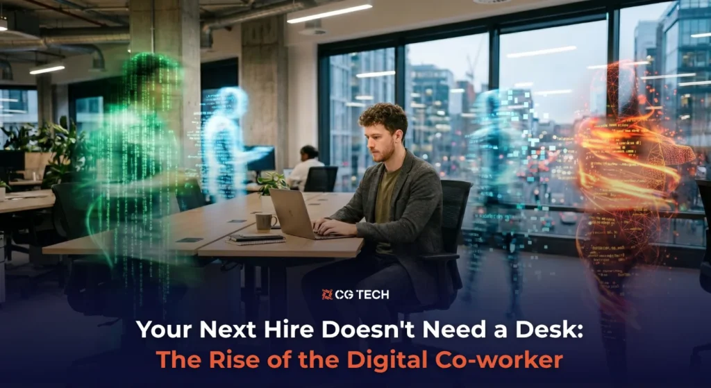 A business professional works on a laptop in a modern office, surrounded by glowing AI agent figures representing digital co-workers in Microsoft 365.
