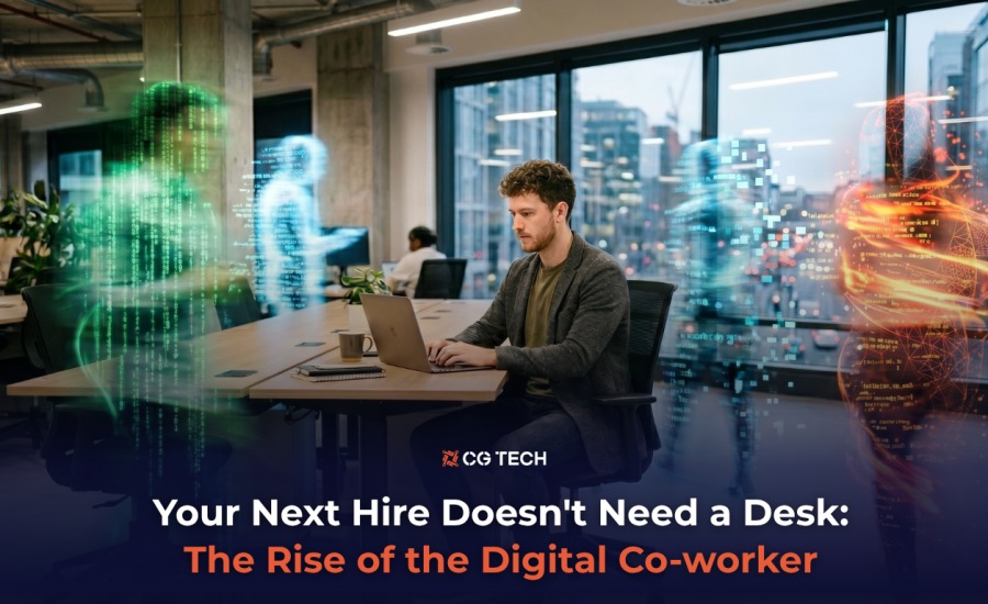 A business professional works on a laptop in a modern office, surrounded by glowing AI agent figures representing digital co-workers in Microsoft 365.