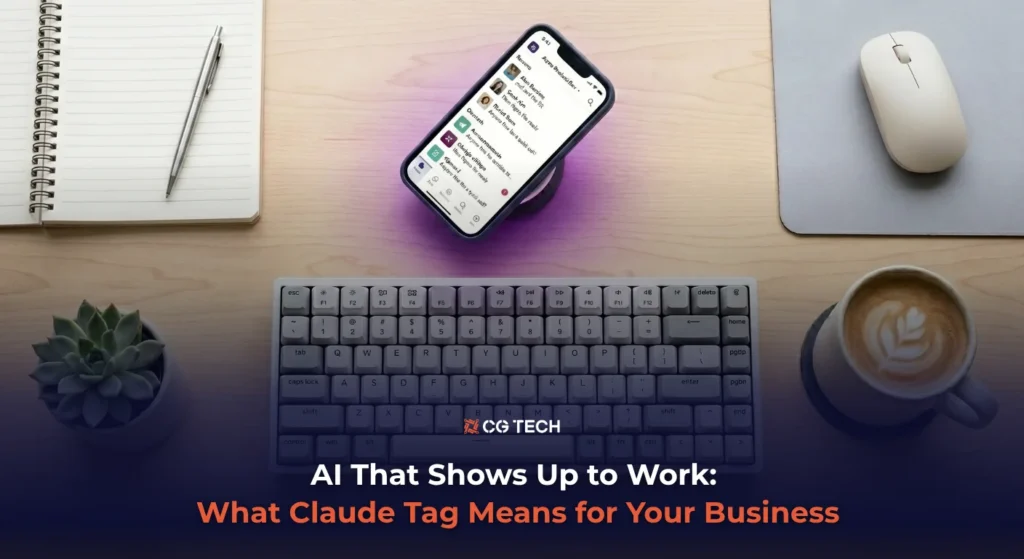 A phone displaying a Slack-style chat interface sits on a desk alongside a keyboard, notepad, coffee and mouse, representing AI working inside team messaging tools. CG TECH branding is visible on the keyboard.