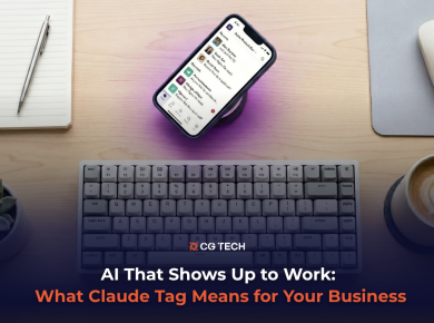 A phone displaying a Slack-style chat interface sits on a desk alongside a keyboard, notepad, coffee and mouse, representing AI working inside team messaging tools. CG TECH branding is visible on the keyboard.