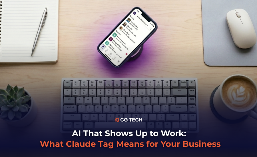 A phone displaying a Slack-style chat interface sits on a desk alongside a keyboard, notepad, coffee and mouse, representing AI working inside team messaging tools. CG TECH branding is visible on the keyboard.