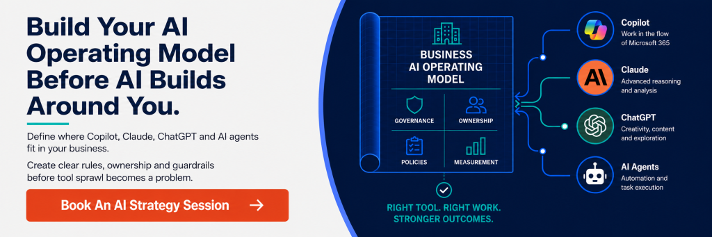 Build your AI operating model banner featuring Copilot, Claude, ChatGPT and AI agents with governance, ownership and measurement controls, plus an AI strategy session call to action.