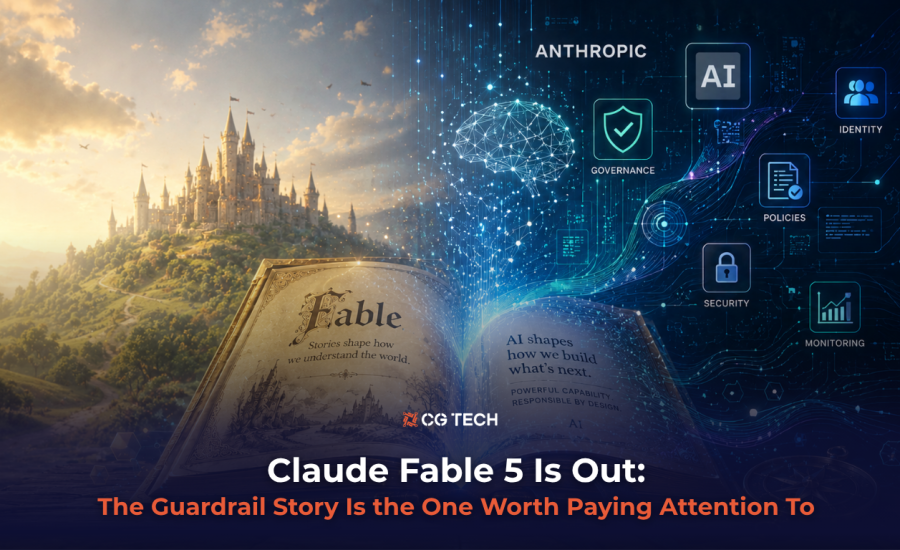 An open storybook transitions from a fantasy castle scene into a digital AI brain surrounded by governance icons including identity, policies, security and monitoring, with the CG TECH logo and blog title overlaid.