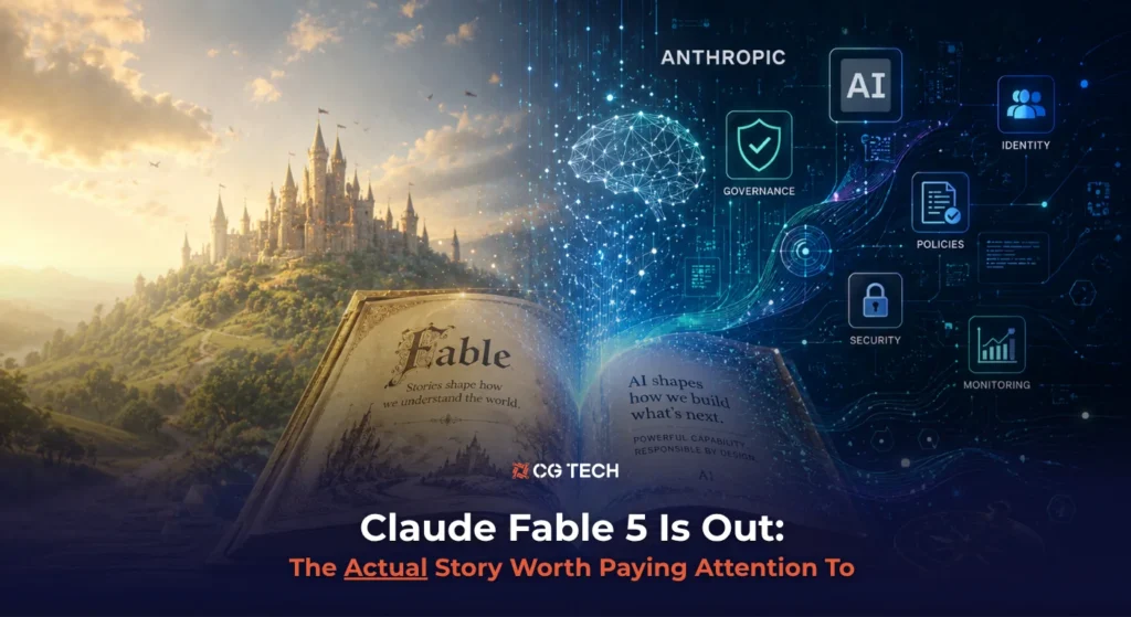 An open storybook transitions from a fantasy castle scene into a digital AI brain surrounded by governance icons including identity, policies, security and monitoring, with the CG TECH logo and blog title overlaid.