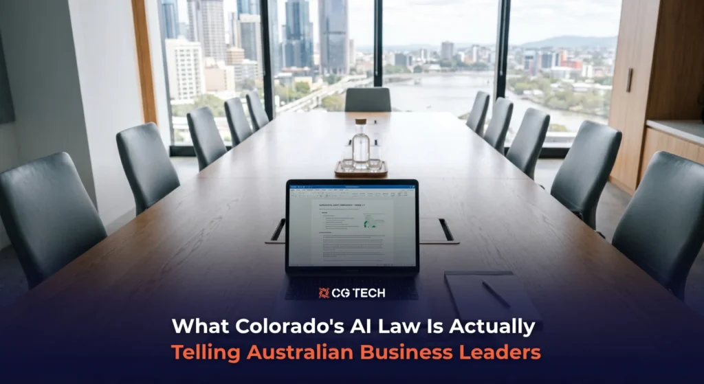 A Brisbane boardroom with a laptop open to a policy document on the conference table, floor-to-ceiling windows overlooking the city and river, with the CG TECH logo and blog title overlaid at the bottom.