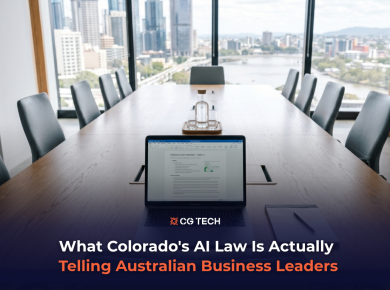 A Brisbane boardroom with a laptop open to a policy document on the conference table, floor-to-ceiling windows overlooking the city and river, with the CG TECH logo and blog title overlaid at the bottom.