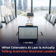 A Brisbane boardroom with a laptop open to a policy document on the conference table, floor-to-ceiling windows overlooking the city and river, with the CG TECH logo and blog title overlaid at the bottom.