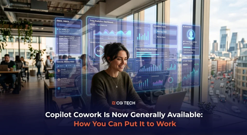 A professional working on a laptop surrounded by holographic AI dashboards showing email, analytics, calendar, and task management tools, representing Microsoft Copilot Cowork managing multiple workflows simultaneously.