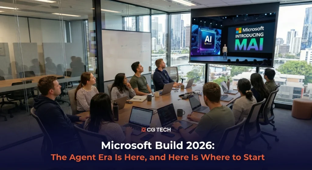 A business team in a modern Brisbane office watching a Microsoft Build 2026 presentation introducing MAI on a large screen.