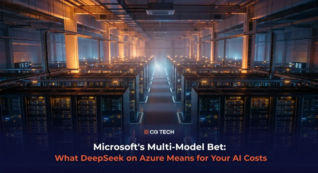 Server room corridor with rows of illuminated racks representing Microsoft Azure cloud infrastructure, used to illustrate CG TECH's article on Microsoft's multi-model AI strategy and DeepSeek on Azure.