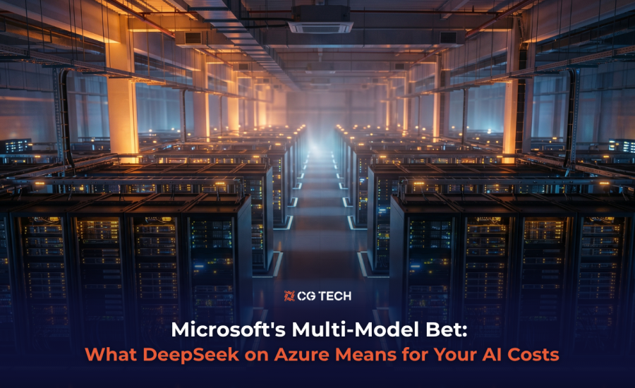 Server room corridor with rows of illuminated racks representing Microsoft Azure cloud infrastructure, used to illustrate CG TECH's article on Microsoft's multi-model AI strategy and DeepSeek on Azure.