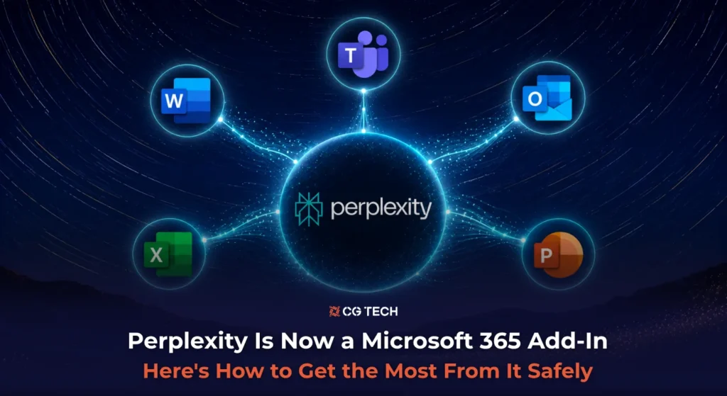Perplexity Computer integrated with Microsoft 365, connecting Word, Excel, PowerPoint, Teams and Outlook through AI-powered workflows and enterprise data access within Microsoft 365.