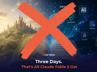 The original Claude Fable 5 blog banner showing a storybook transitioning from a fantasy castle into an AI governance diagram, overlaid with a large red X and the title "Three Days. That's All Claude Fable 5 Got", with CG TECH branding.