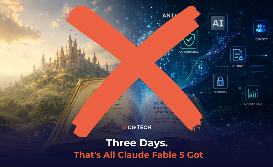 The original Claude Fable 5 blog banner showing a storybook transitioning from a fantasy castle into an AI governance diagram, overlaid with a large red X and the title "Three Days. That's All Claude Fable 5 Got", with CG TECH branding.