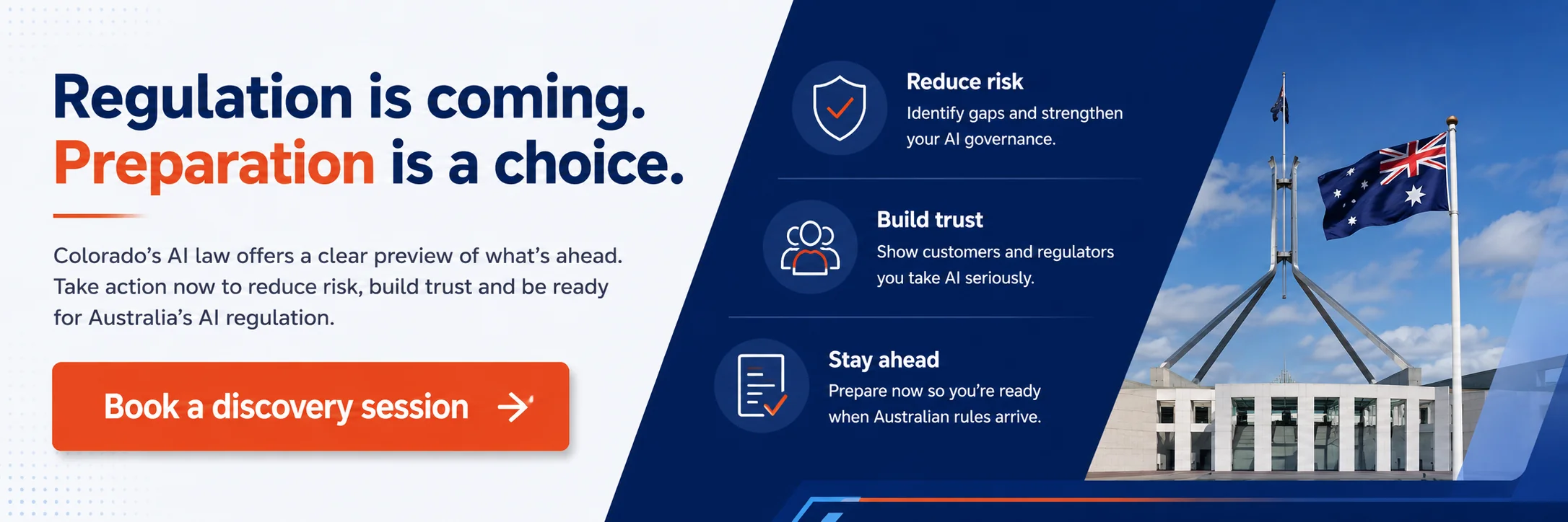 Regulation is coming. Preparation is a choice. CG TECH AI governance banner encouraging Australian business leaders to reduce AI risk, build trust and prepare for future AI regulation with a discovery session.