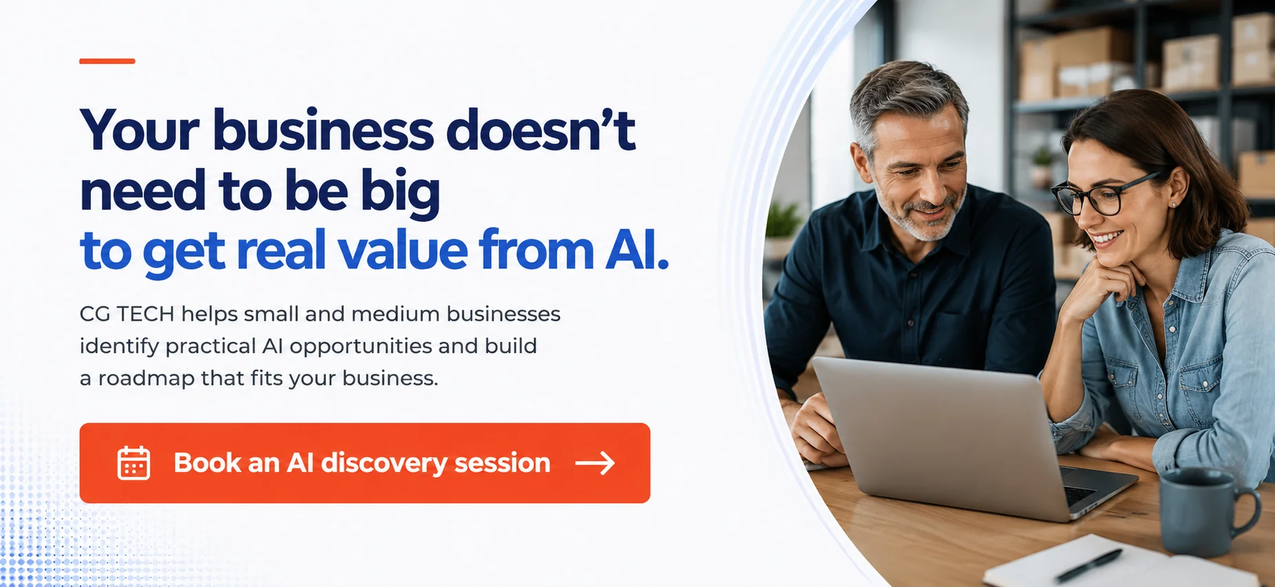 CG TECH AI discovery session banner showing two business professionals planning practical AI adoption for a small business, with a call to book an AI discovery session.