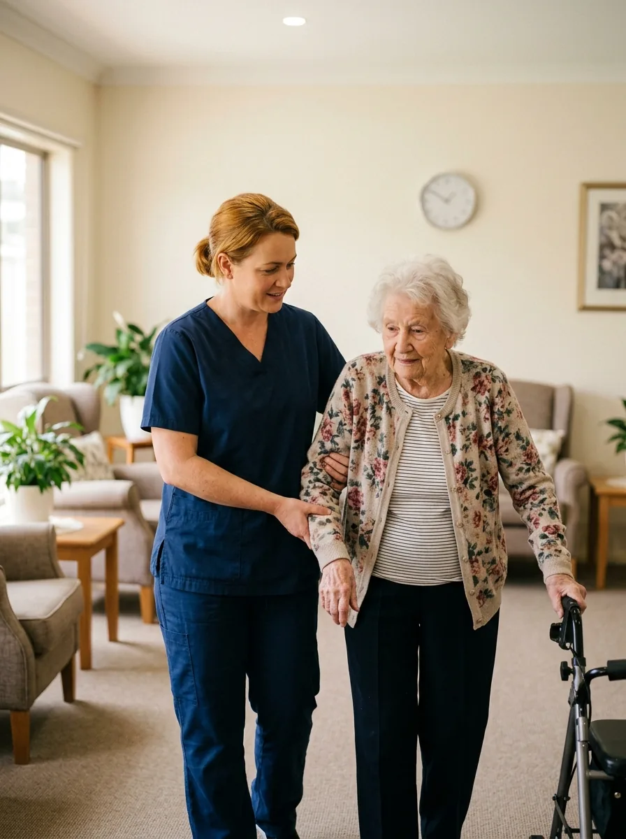 Aged care worker helping an elderly resident walk with her frame