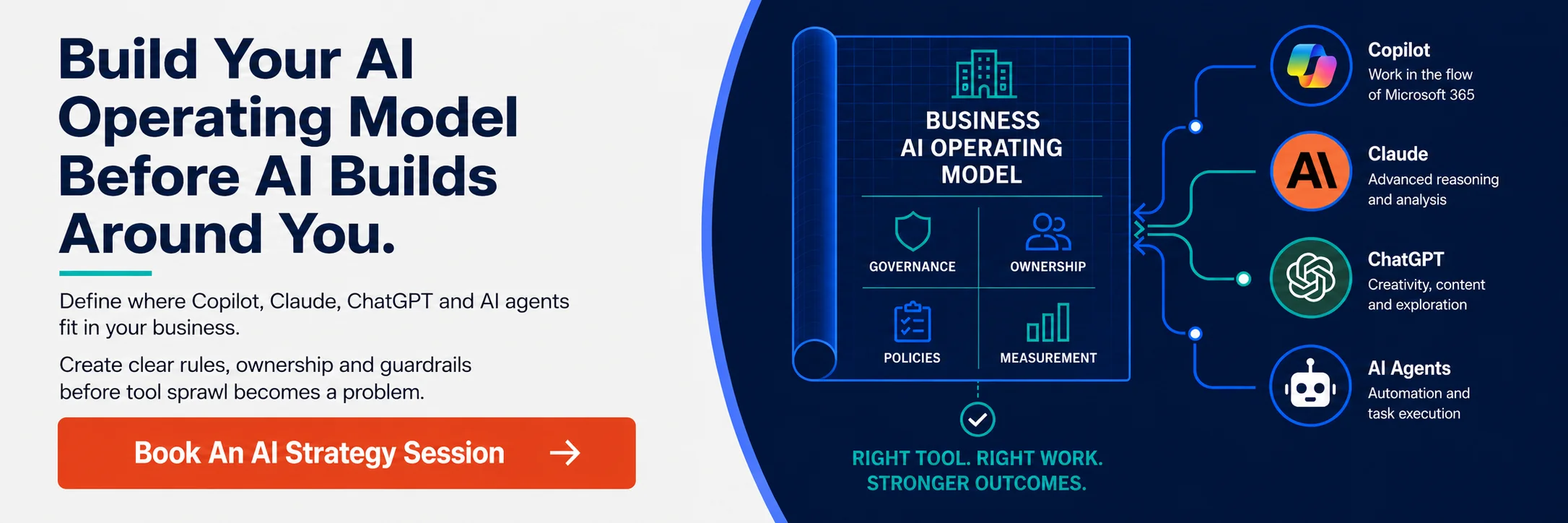 Build your AI operating model banner featuring Copilot, Claude, ChatGPT and AI agents with governance, ownership and measurement controls, plus an AI strategy session call to action.