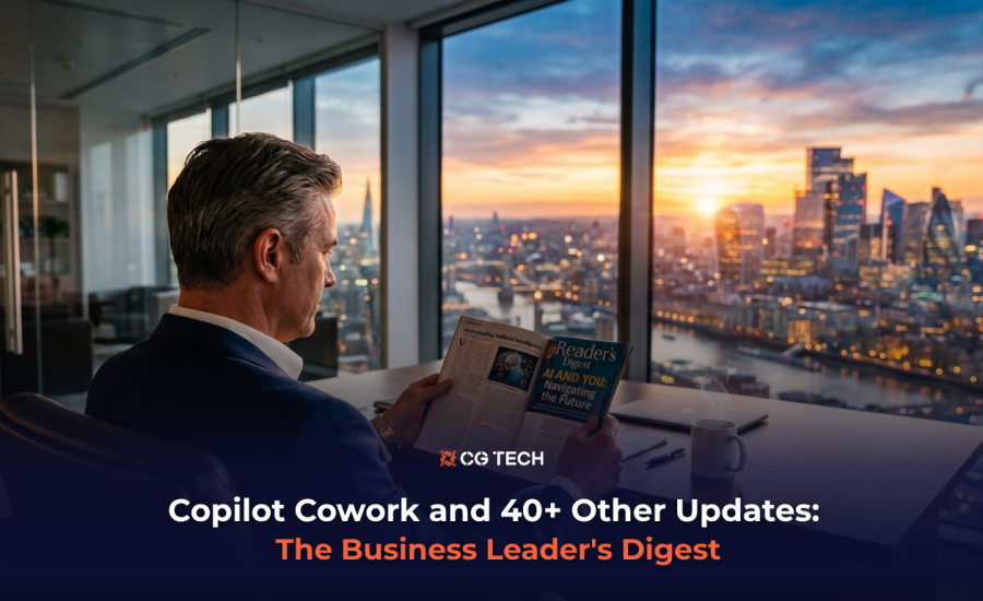 Business leader reading a business digest about Copilot Cowork, Microsoft 365 Copilot updates and AI strategy.
