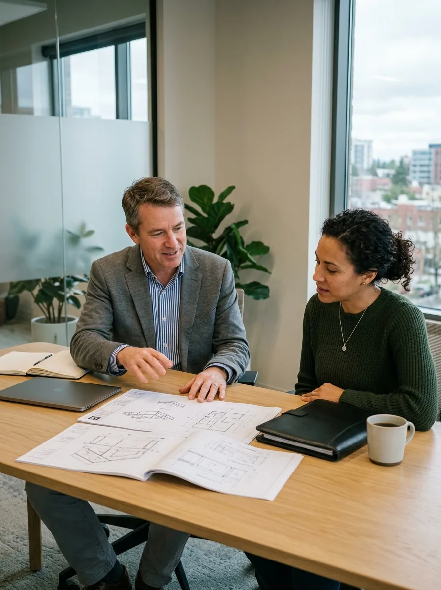 Engineers reviewing technical drawings together at a desk